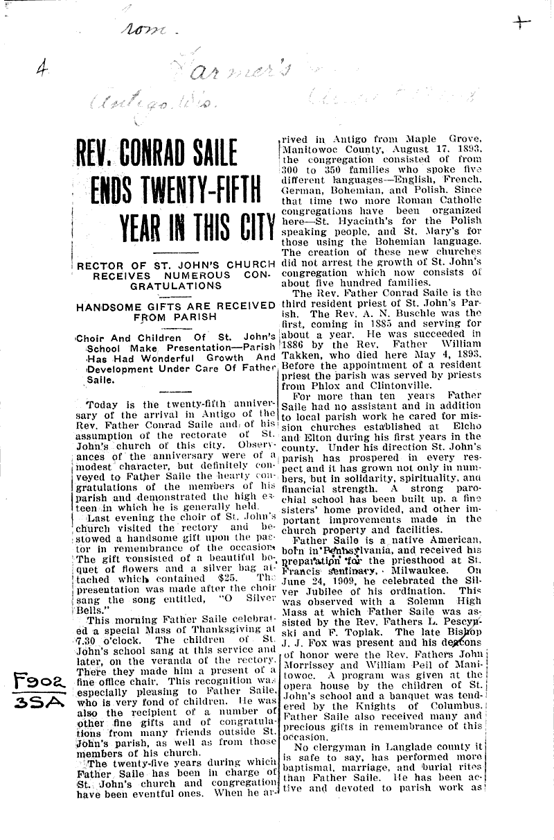 Rev.Conrad Saile ends twenty-fifth year in this city Source: Farmers' Journal (Antigo) Topics: Church History Date: 1918-08-17