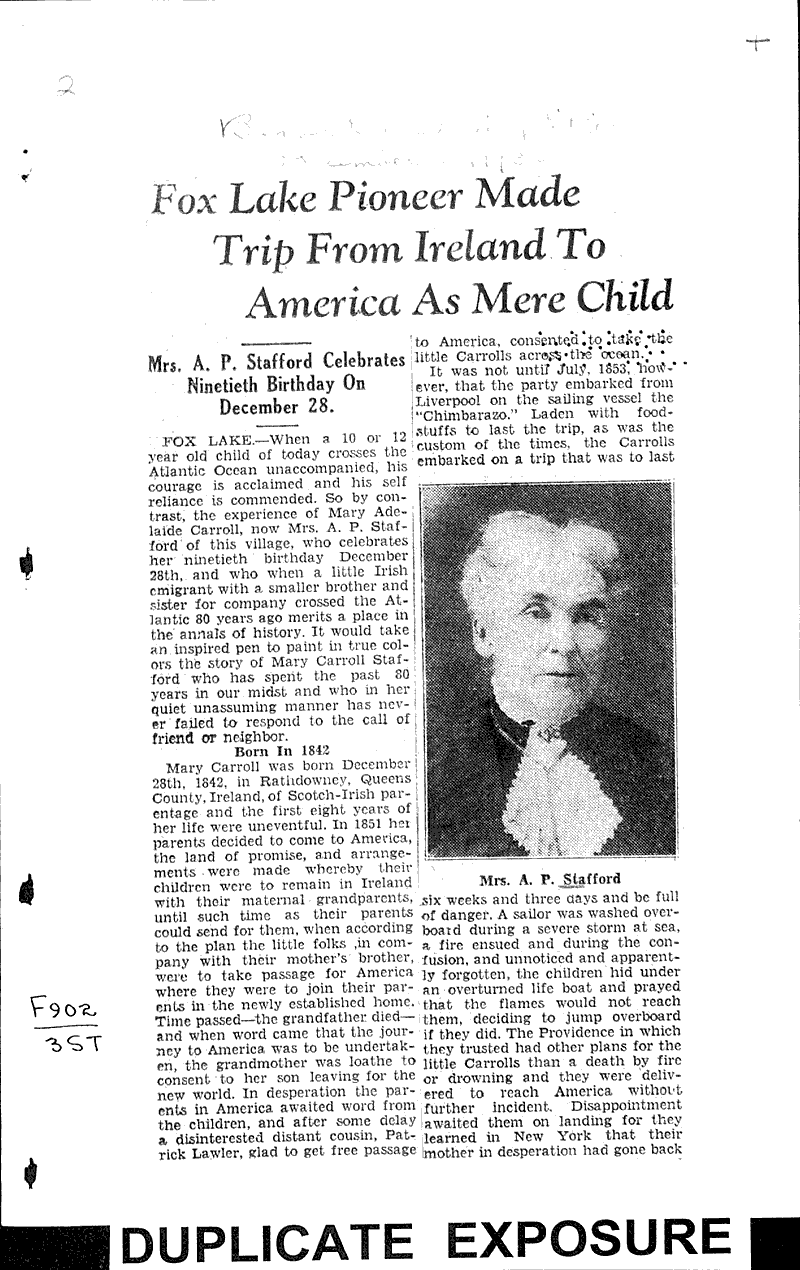 Fox Lake pioneer made trip from Ireland to america as mere child Source: Beaver Dam Daily Citizen Date: 1932-12-23