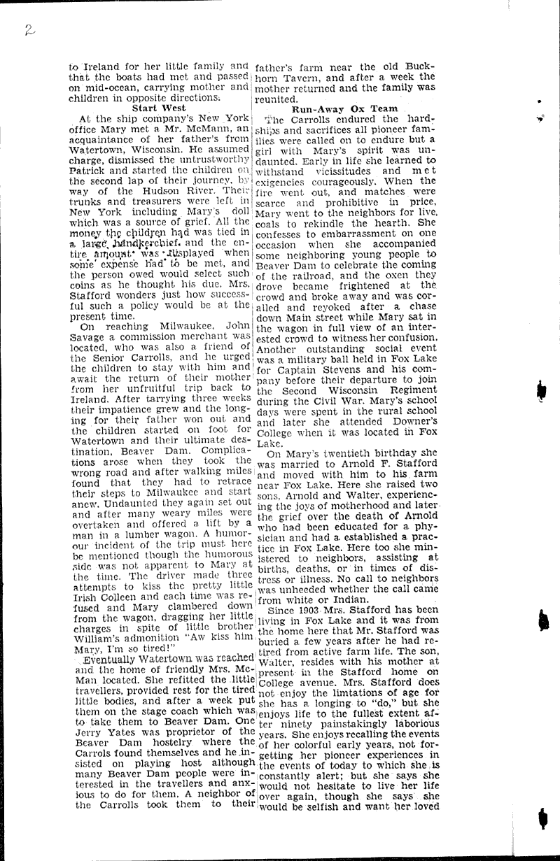 Fox Lake pioneer made trip from Ireland to america as mere child Source: Beaver Dam Daily Citizen Date: 1932-12-23
