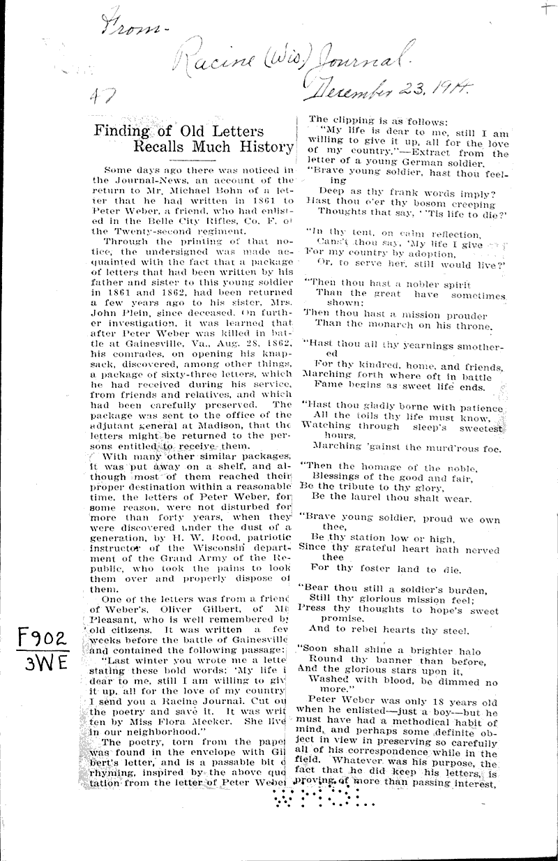 Finding of old letters recalls much history Source: Racine Journal Date: 1914-12-23