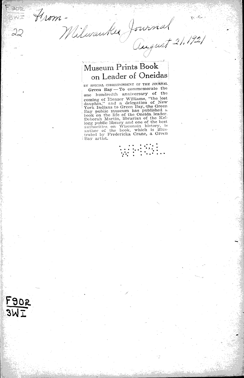  Source: Milwaukee Journal Topics: Indians and Native Peoples Date: 1921-08-21