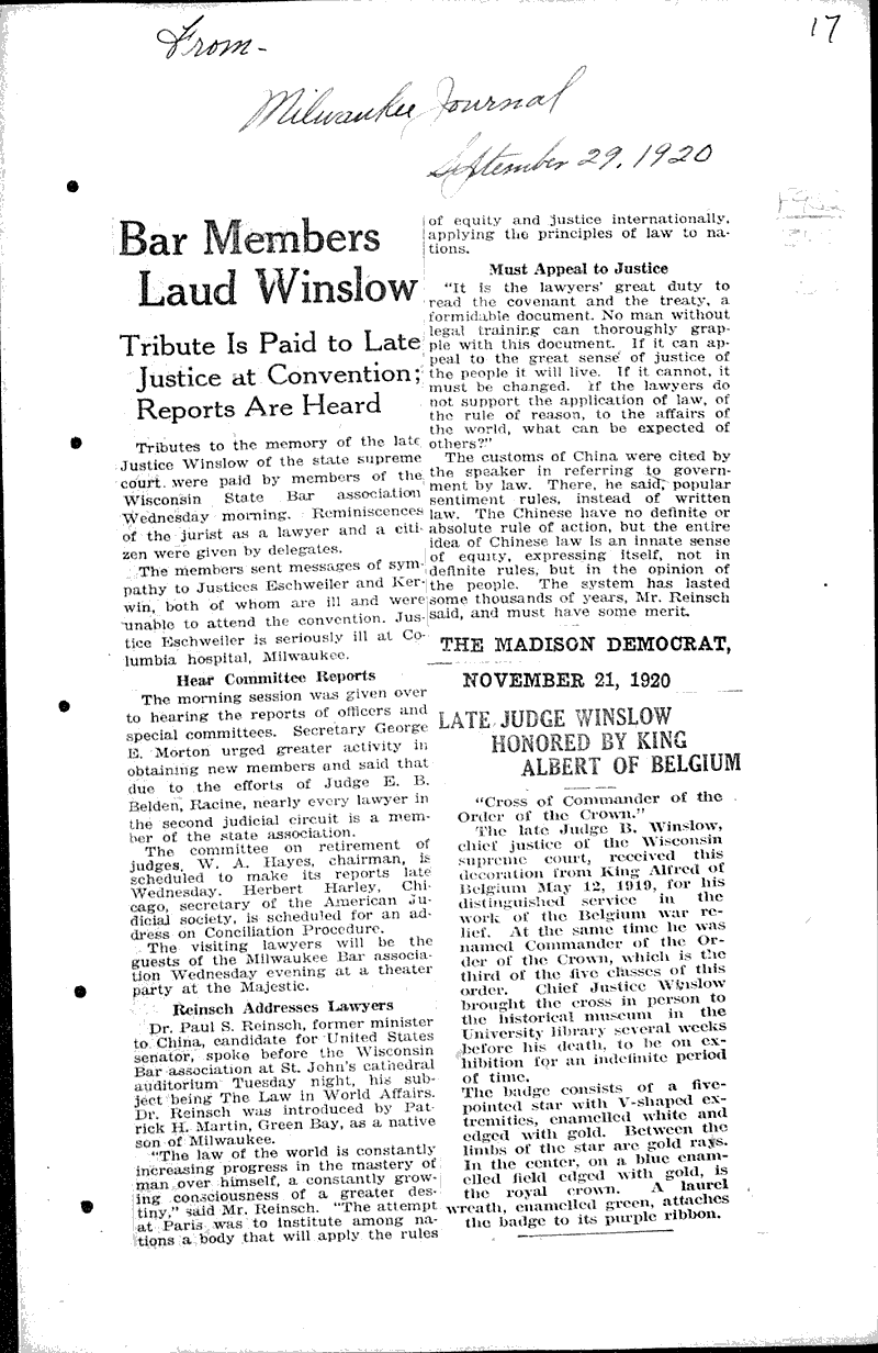  Source: Wisconsin State Journal Topics: Government and Politics Date: 1920-07-13