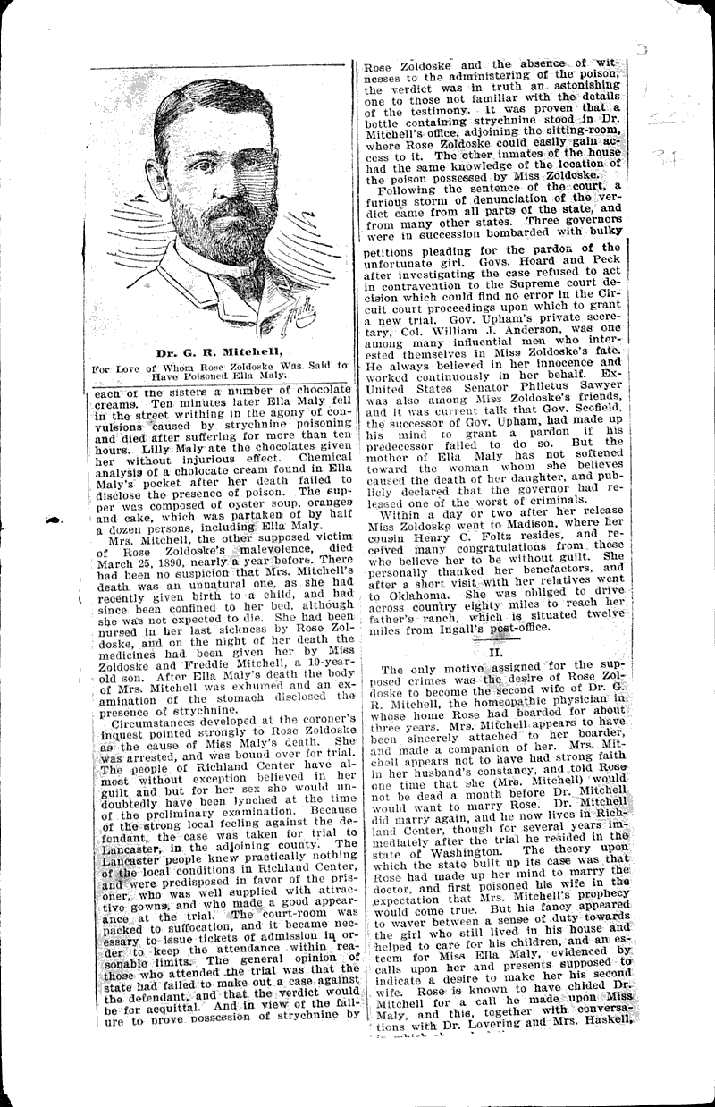Trial, conviction and pardon of Rose Zoldoske for the murder by poisoning of Ella Maly  Source: Milwaukee Sentinel Date: 1897-02-28