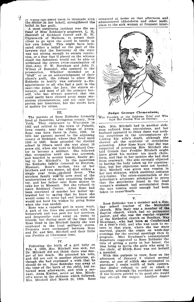 Trial, conviction and pardon of Rose Zoldoske for the murder by poisoning of Ella Maly  Source: Milwaukee Sentinel Date: 1897-02-28