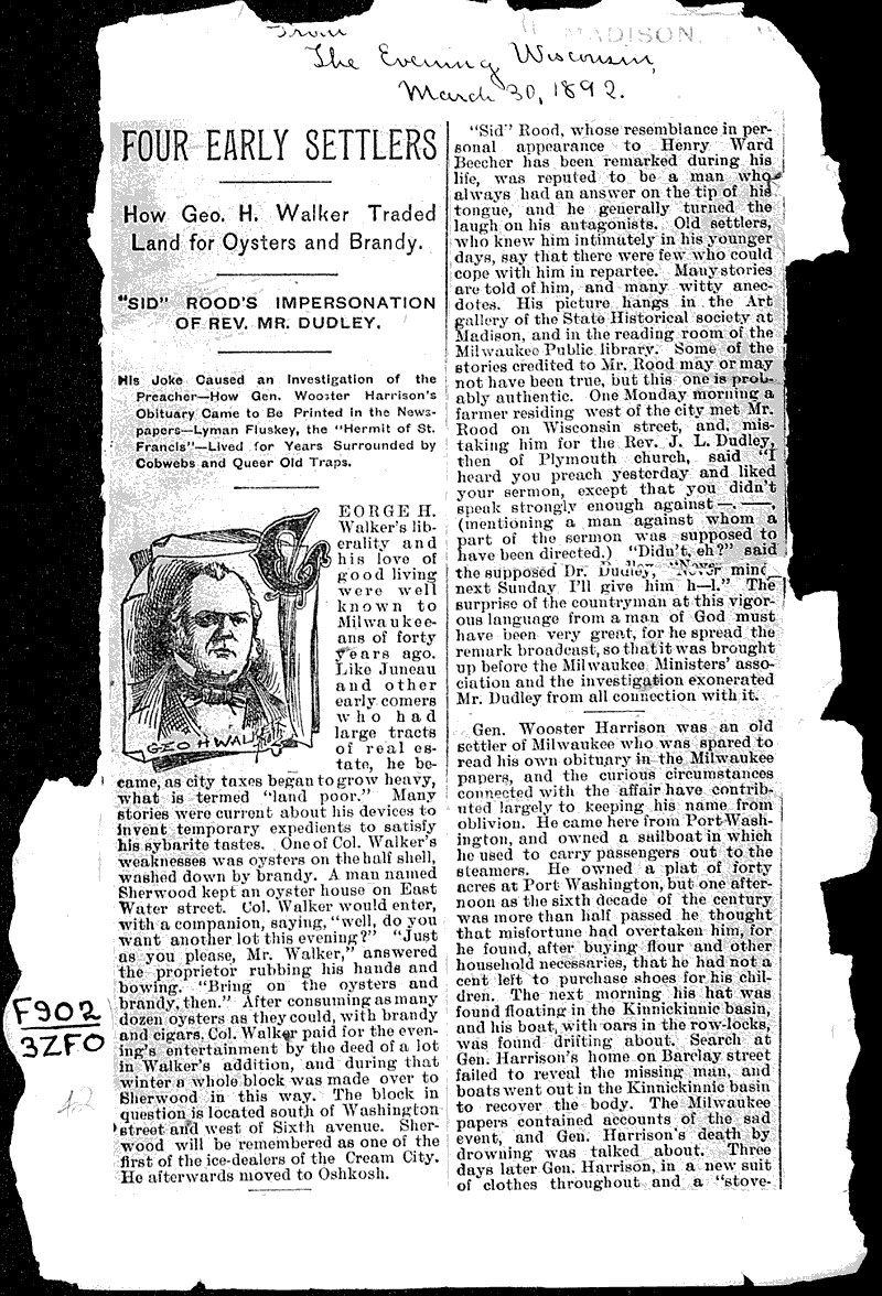 Four early settlers Newspaper Article/Clipping Wisconsin Historical Society