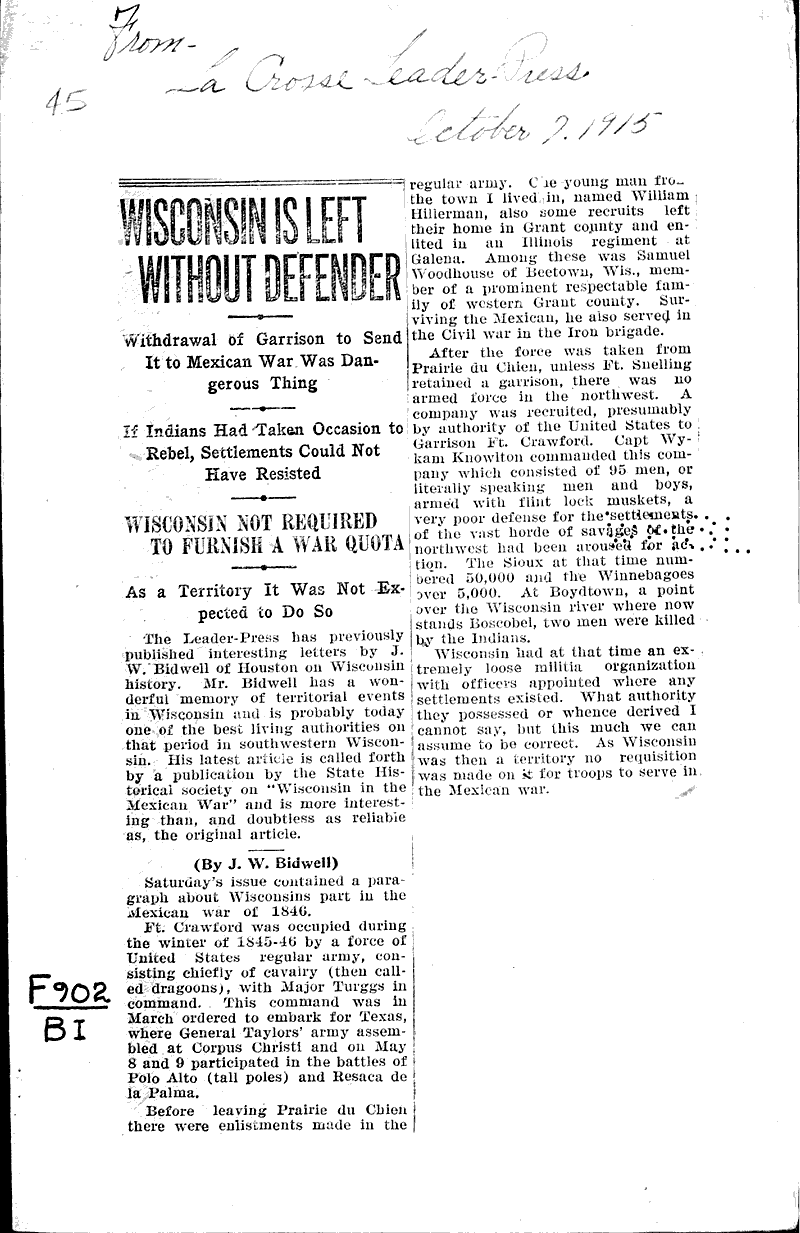  Source: La Crosse Leader - Press Topics: Government and Politics Date: 1915-10-07