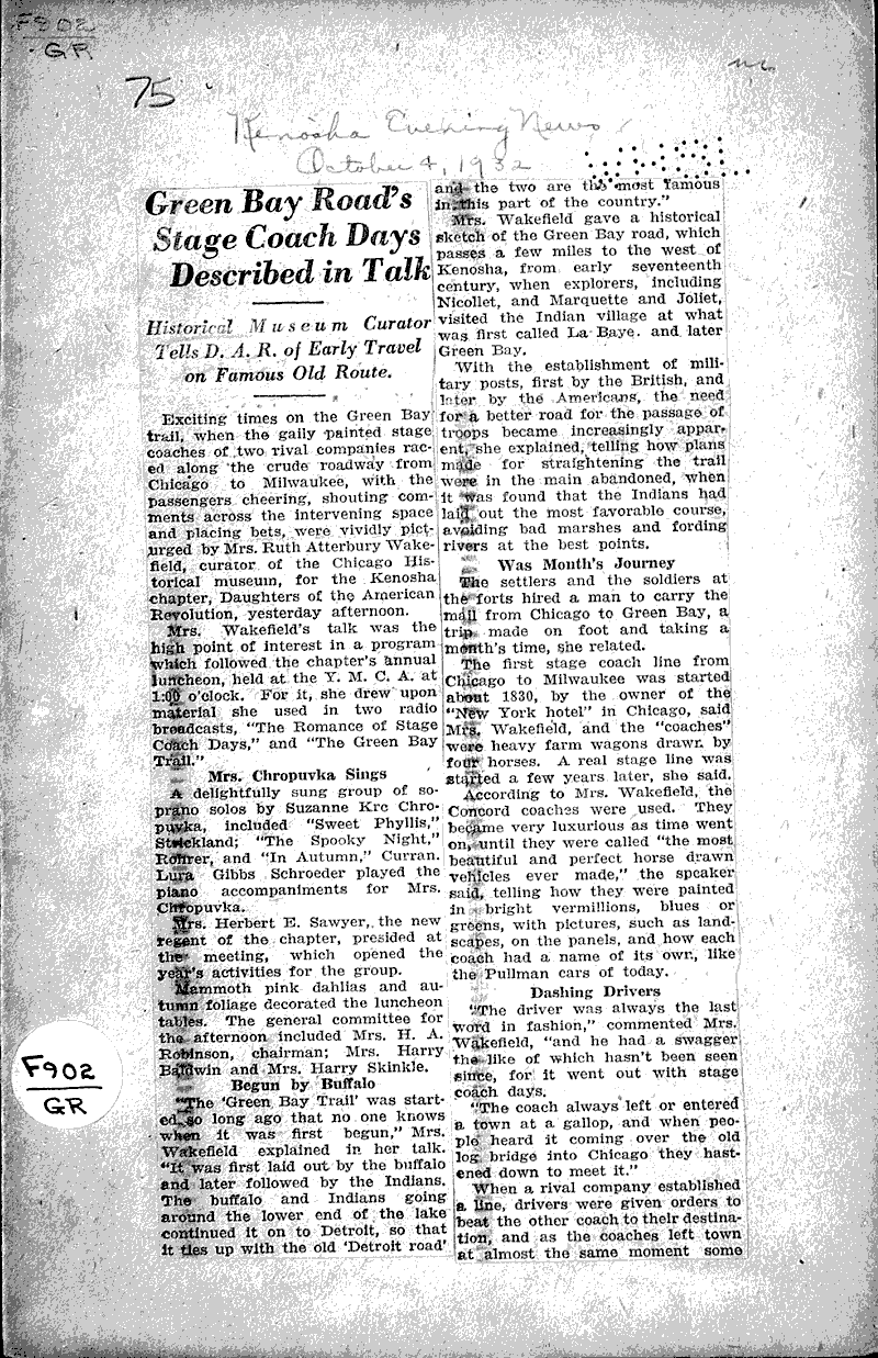 Green bay road's stage coach days described in talk Source: Kenosha Evening News Topics: Transportation Date: 1932-10-04