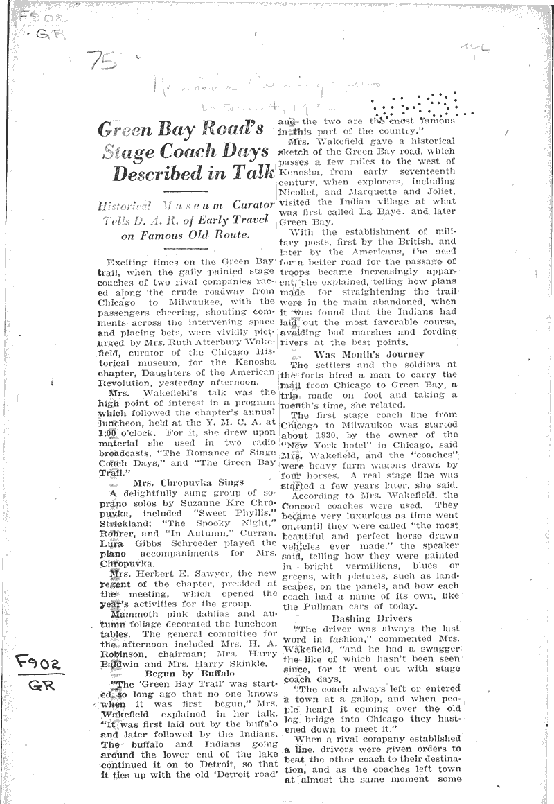 Green bay road's stage coach days described in talk Source: Kenosha Evening News Topics: Transportation Date: 1932-10-04