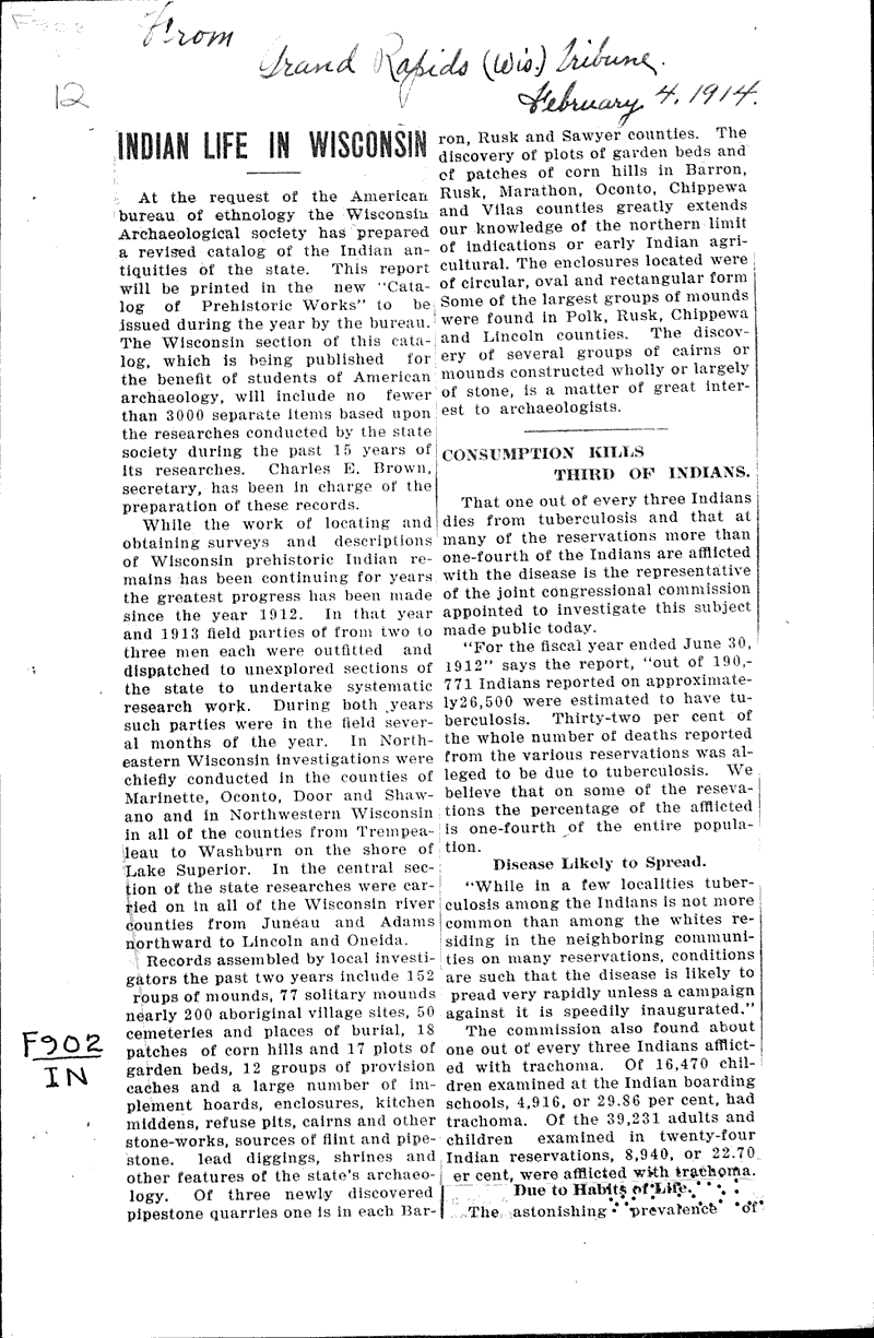  Source: Grand Rapids Reporter Topics: Indians and Native Peoples Date: 1914-02-04