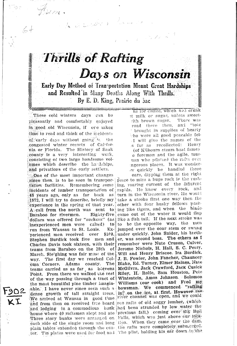 Thrills of rafting days on Wisconsin Source: Baraboo Daily News Topics: Transportation Date: 1920-03-04