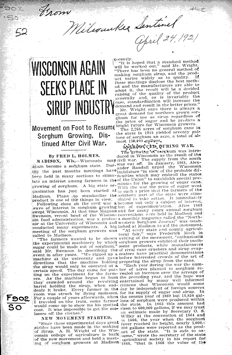  Source: Milwaukee Sentinel Topics: Agriculture Date: 1921-04-24