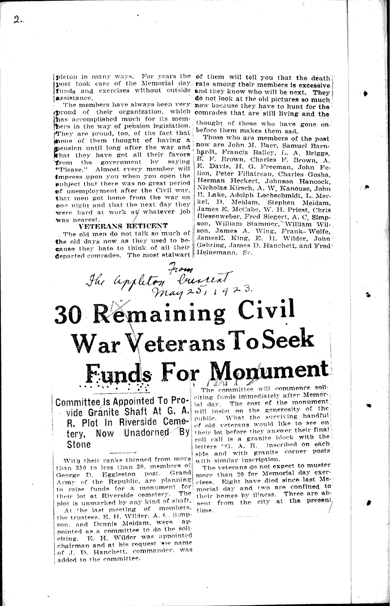  Source: Appleton Crescent Topics: Civil War Date: 1922-12-29