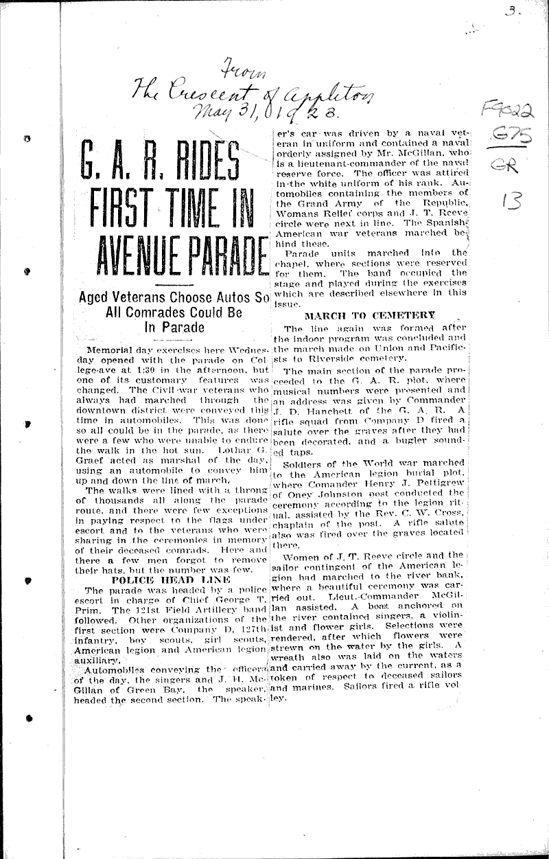  Source: Appleton Crescent Topics: Civil War Date: 1922-12-29