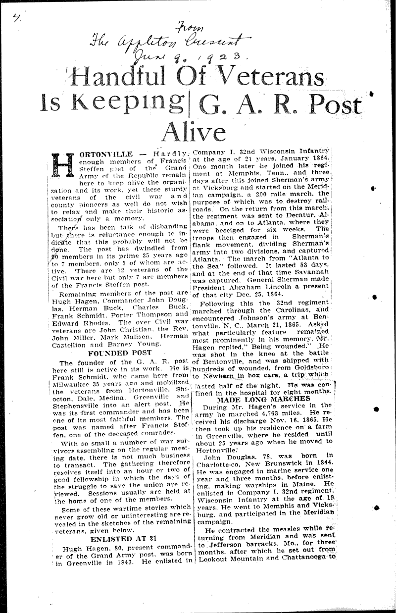  Source: Appleton Crescent Topics: Civil War Date: 1922-12-29