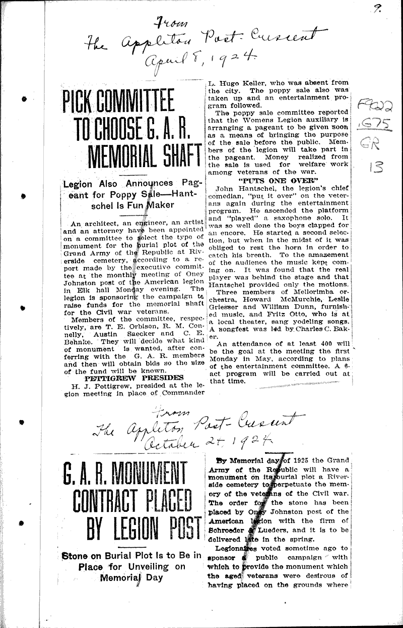  Source: Appleton Crescent Topics: Civil War Date: 1922-12-29