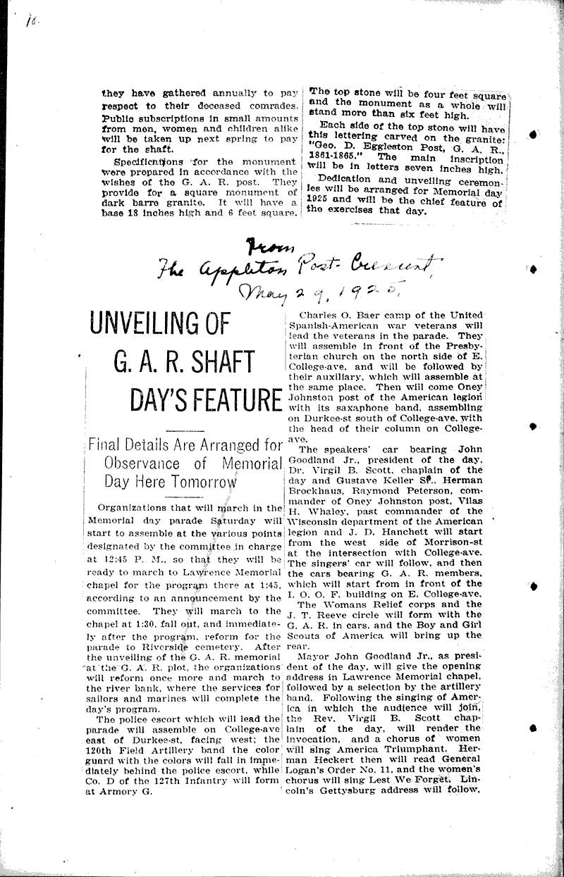  Source: Appleton Crescent Topics: Civil War Date: 1922-12-29