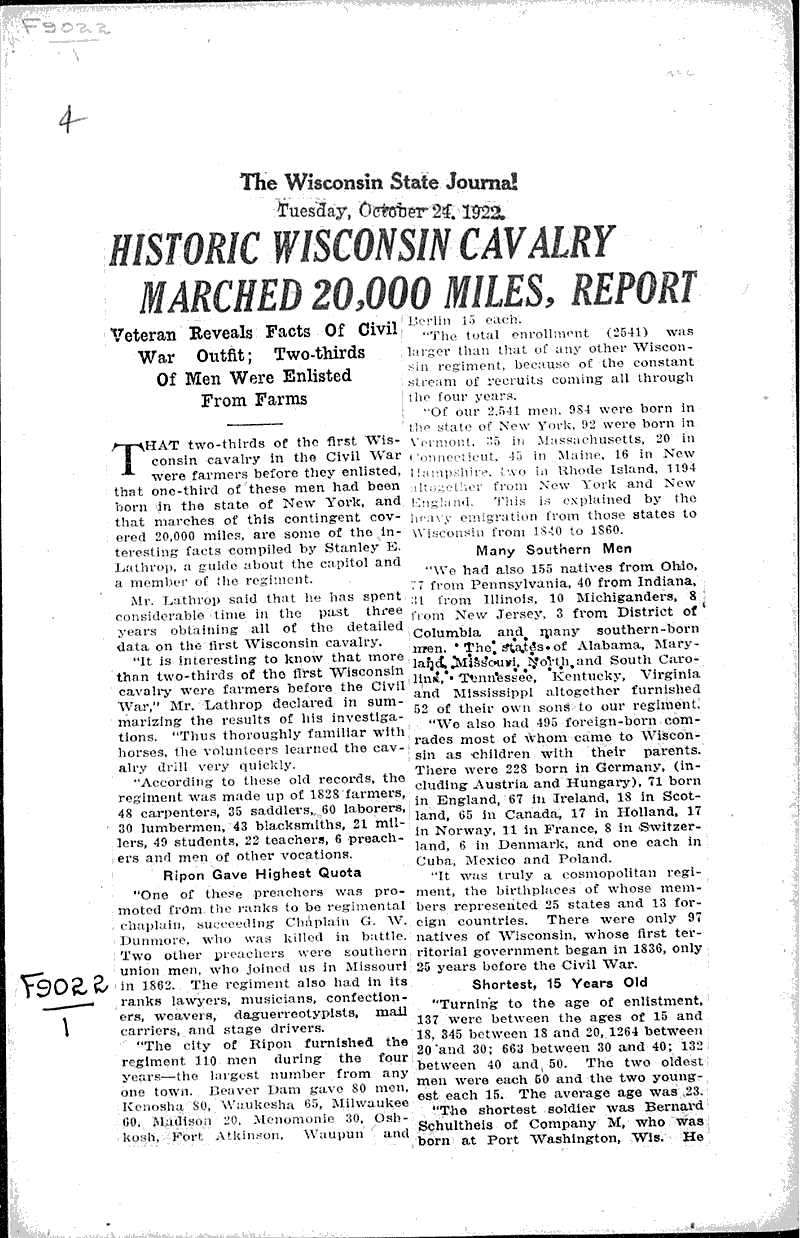  Source: Milwaukee Journal Topics: Civil War Date: 1922-10-24