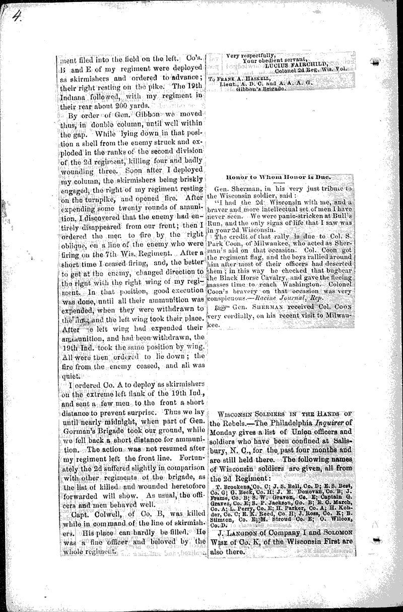 From the Second Regiment. Topics: Civil War