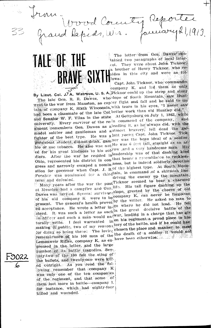  Source: Wood County Reporter Topics: Civil War Date: 1913-01-21
