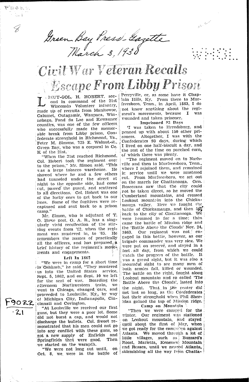  Source: Green Bay Press Gazette Topics: Civil War Date: 1930-03-03