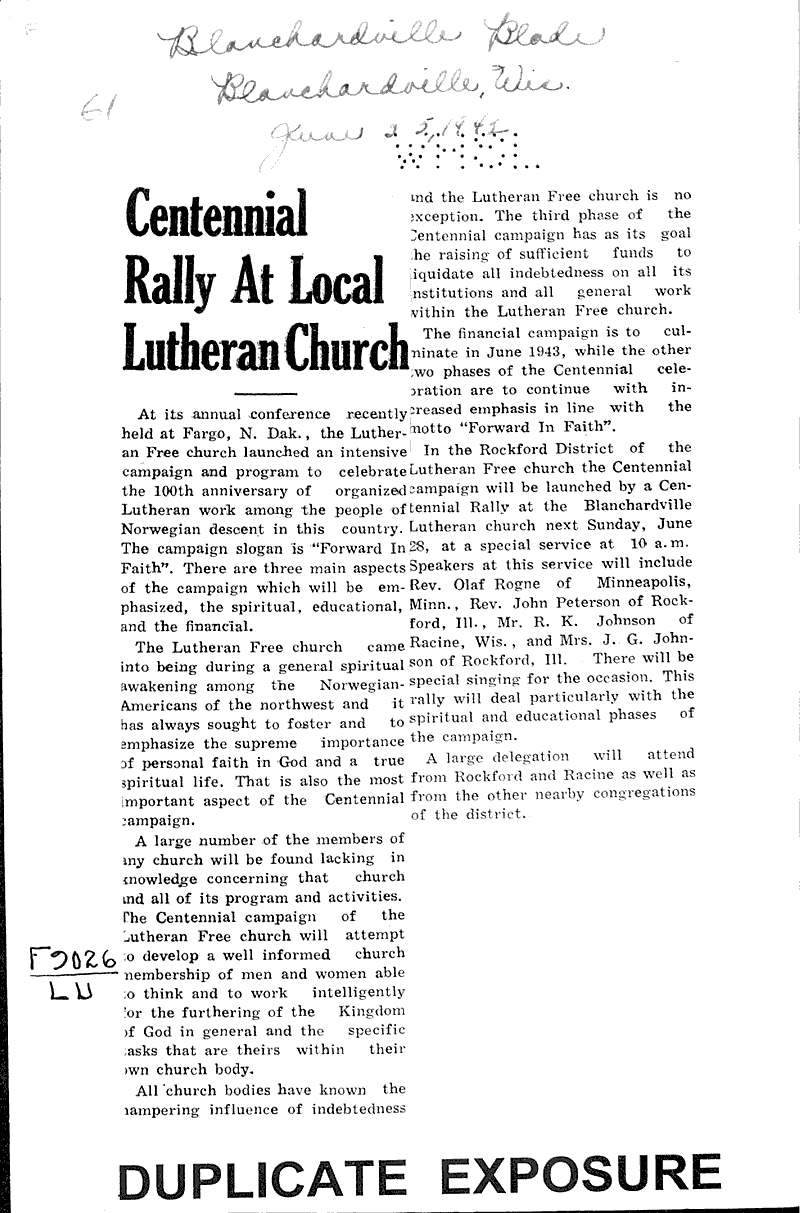  Source: Blanchardville Blade Topics: Church History Date: 1942-06-25