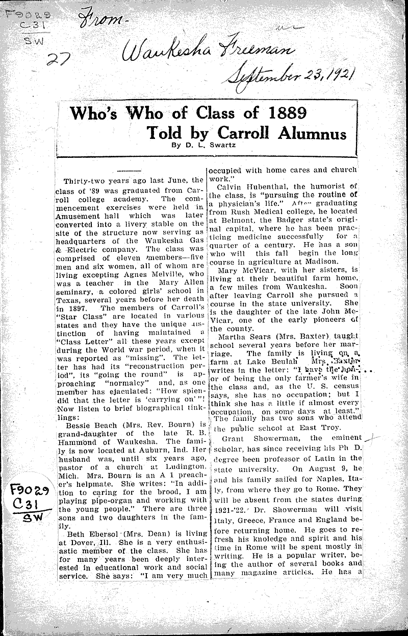 Who's who of class of 1889 told by Carroll alumnus Source: Waukesha Freeman Topics: Education Date: 1921-09-23