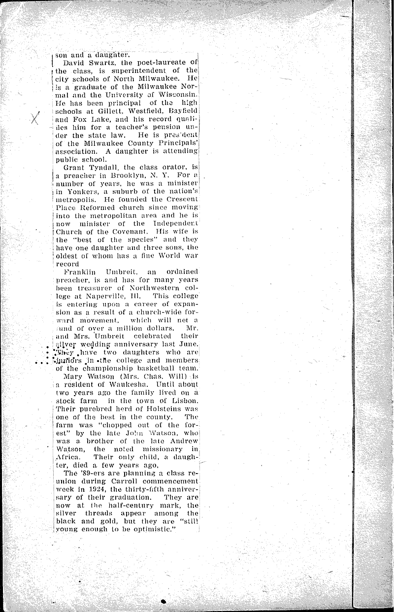 Who's who of class of 1889 told by Carroll alumnus Source: Waukesha Freeman Topics: Education Date: 1921-09-23