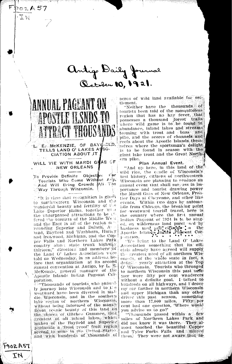  Source: Antigo Daily Journal Topics: Indians and Native Peoples Date: 1921-10-10