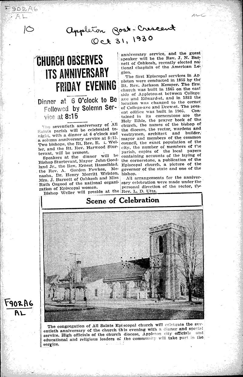  Source: Appleton Post-Crescent Topics: Church History Date: 1930-10-31