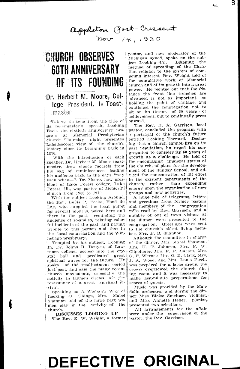  Source: Appleton Post-Crescent Topics: Church History Date: 1930-11-14