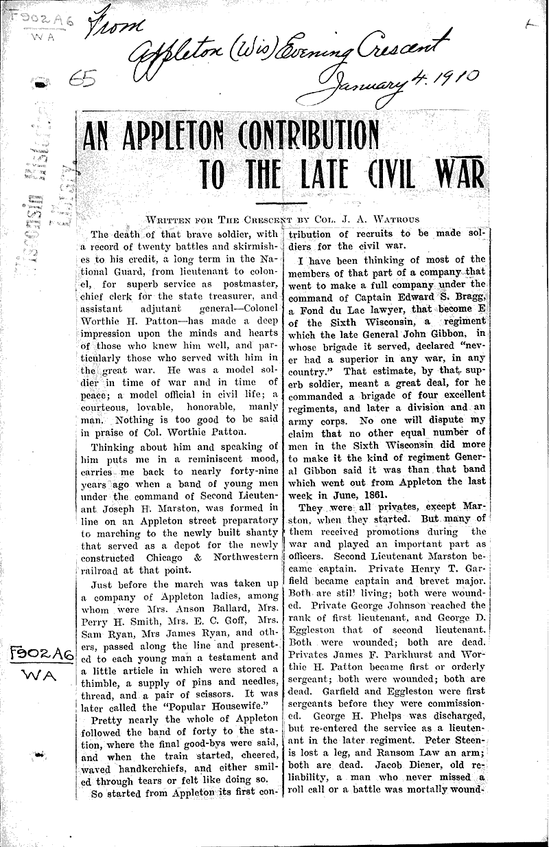  Source: Appleton Post-Crescent Topics: Civil War Date: 1910-01-04