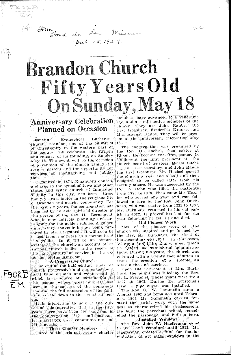  Source: Fond du Lac Commonwealth Topics: Church History Date: 1924-05-17