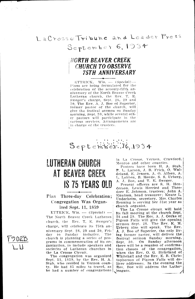  Source: La Crosse Tribune and Leader-Press Topics: Church History Date: 1934-09-06