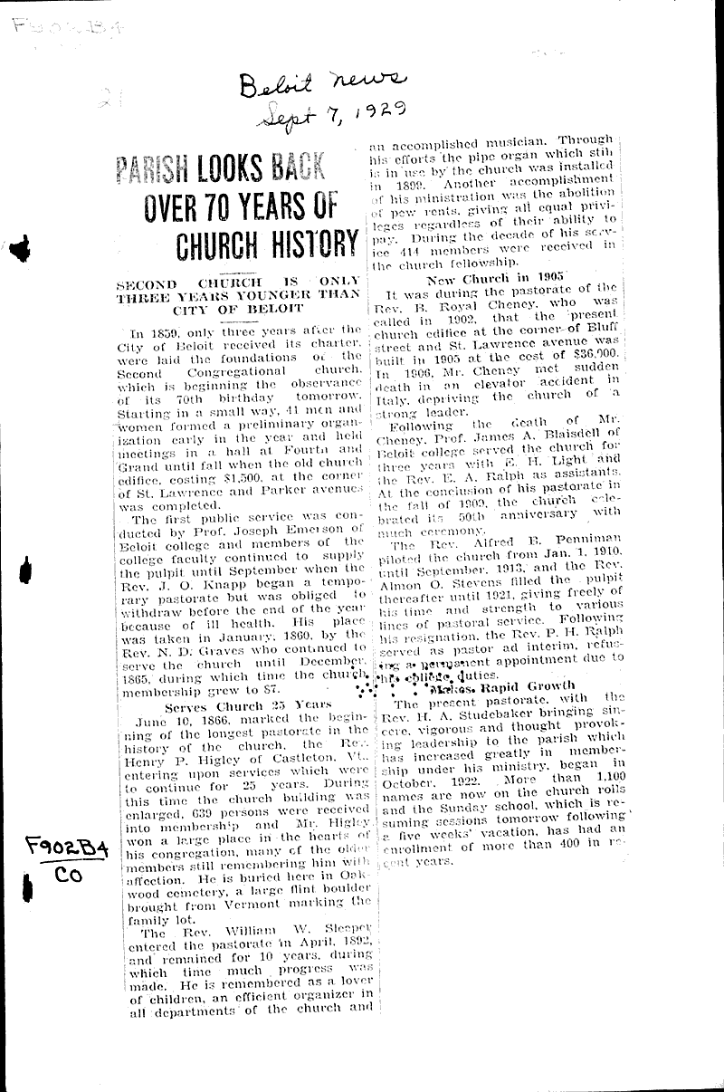  Source: Beloit News Topics: Church History Date: 1929-09-07