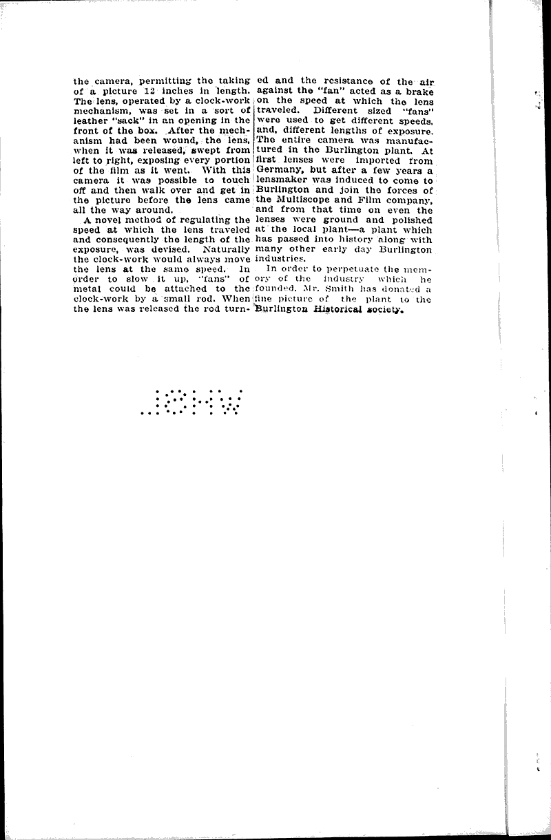 First panorama camera was make in local factory Source: Racine Journal-News Topics: Industry Date: 1931-12-01