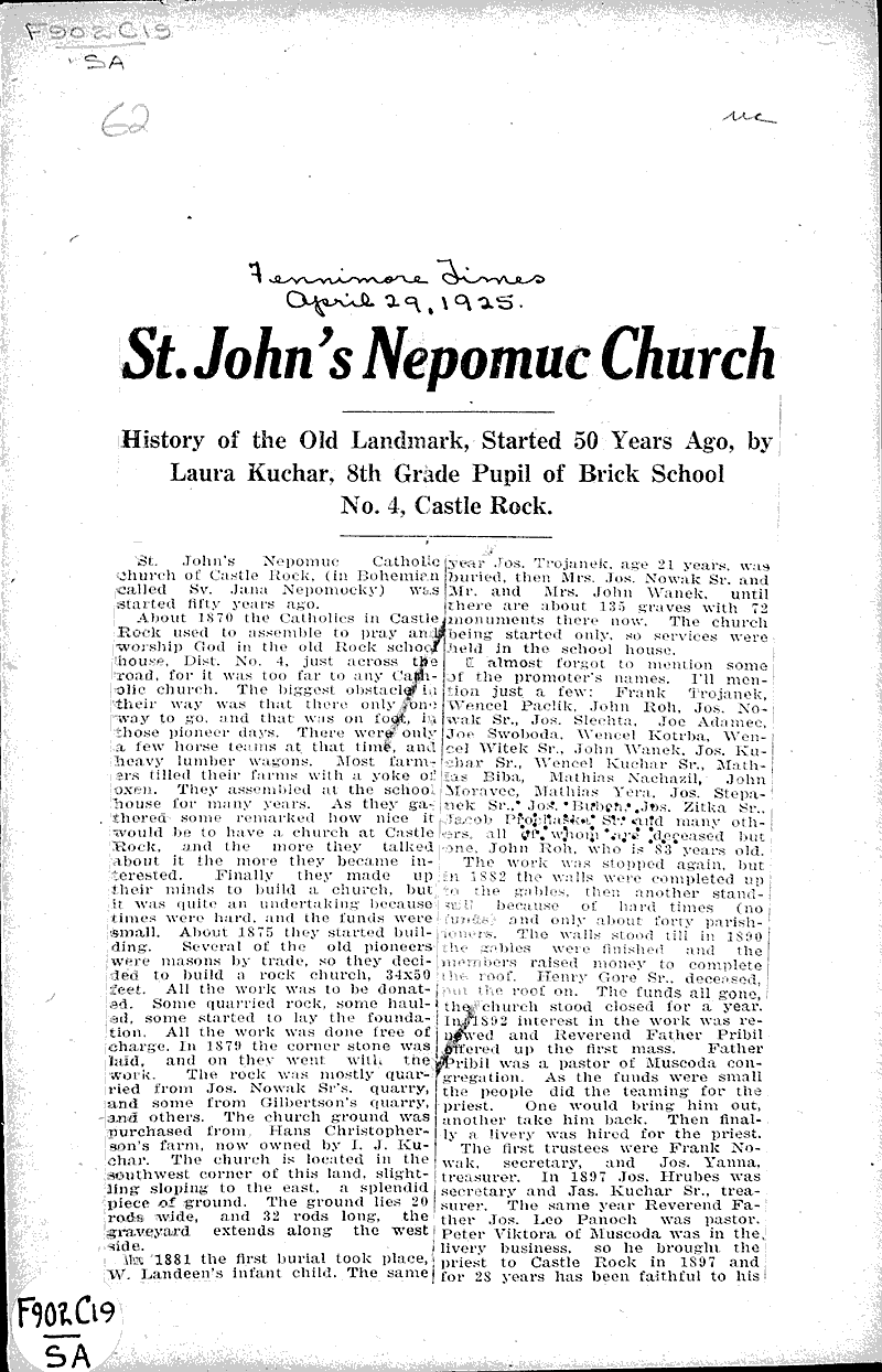 St. John's Nepomuc church Source: Fennimore Times Topics: Church History Date: 1925-04-29