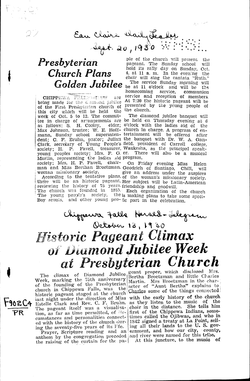  Source: Chippewa Herald-Telegram Topics: Church History Date: 1930-10-13