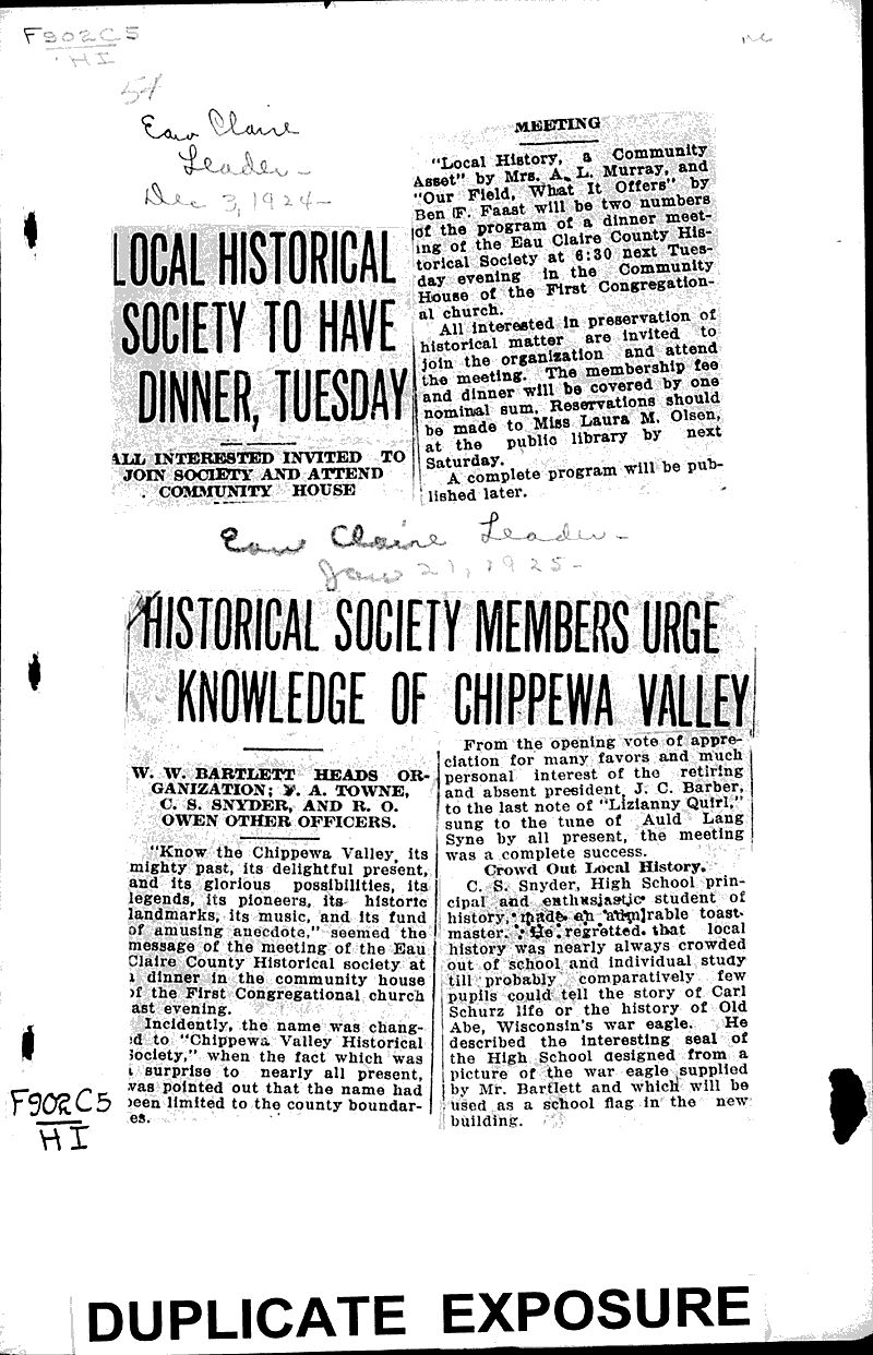 Local historical society to have dinner, Tuesday Source: Eau Claire Leader Date: 1924-12-03