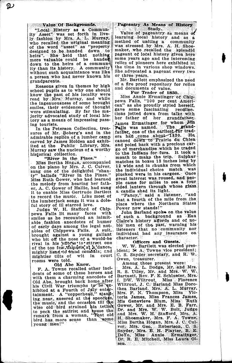 Local historical society to have dinner, Tuesday Source: Eau Claire Leader Date: 1924-12-03