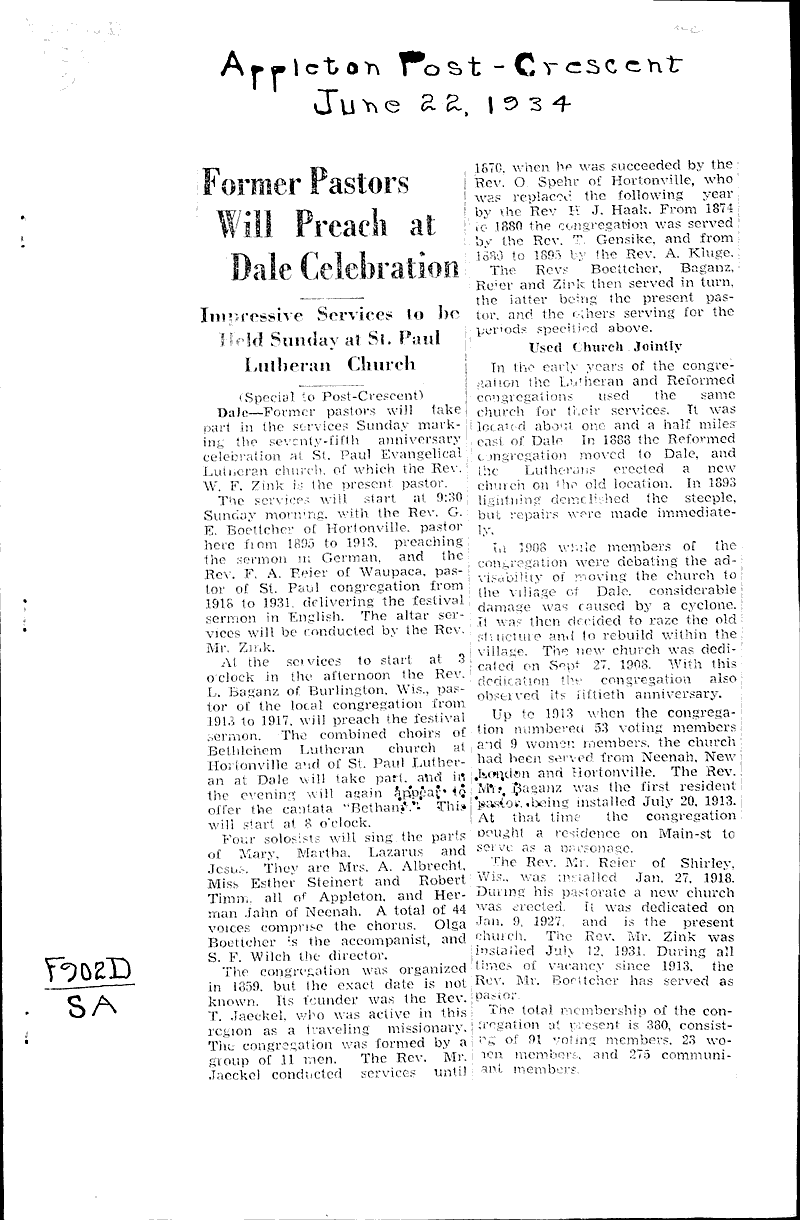  Source: Appleton Post-Crescent Topics: Church History Date: 1934-06-23