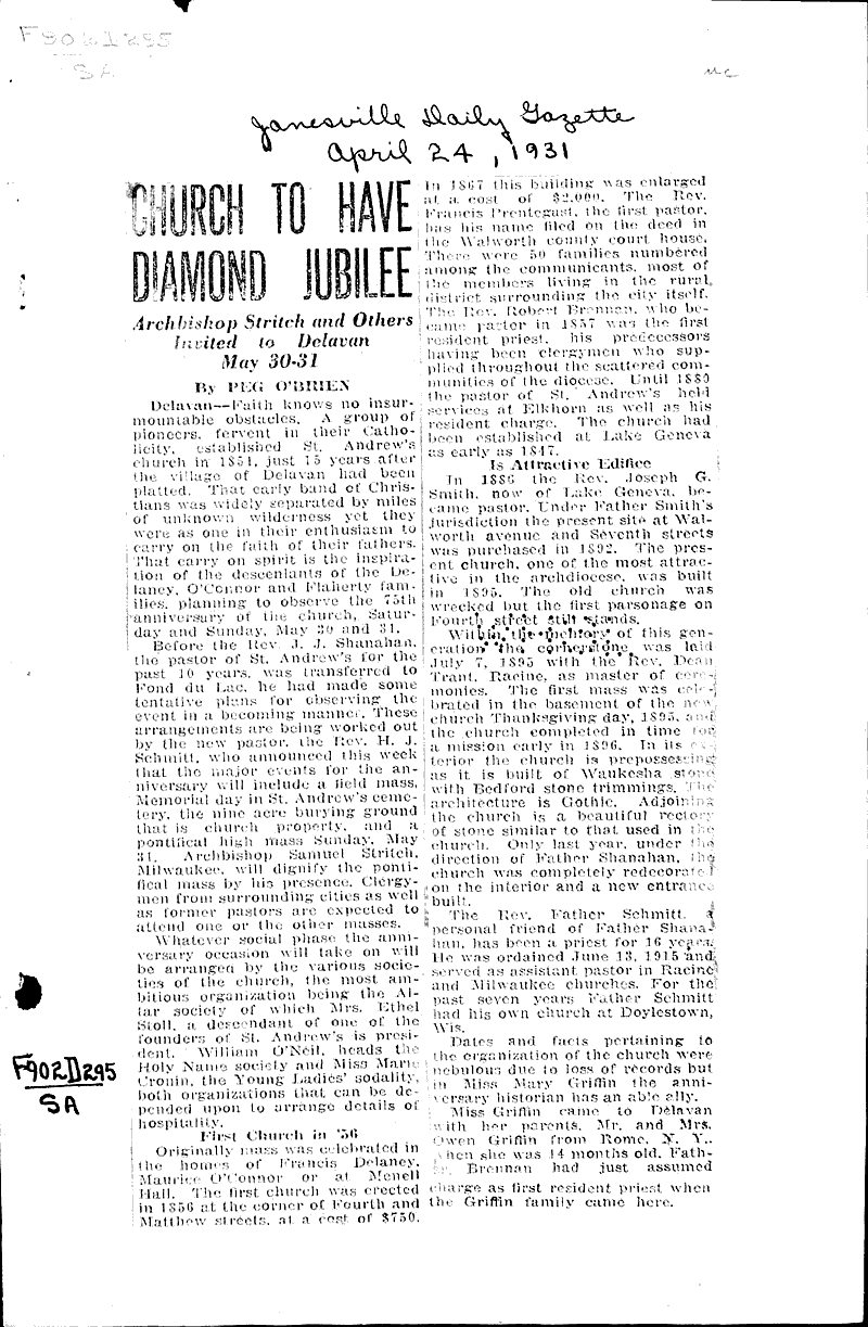  Source: Janesville Daily Gazette Topics: Church History Date: 1931-04-24