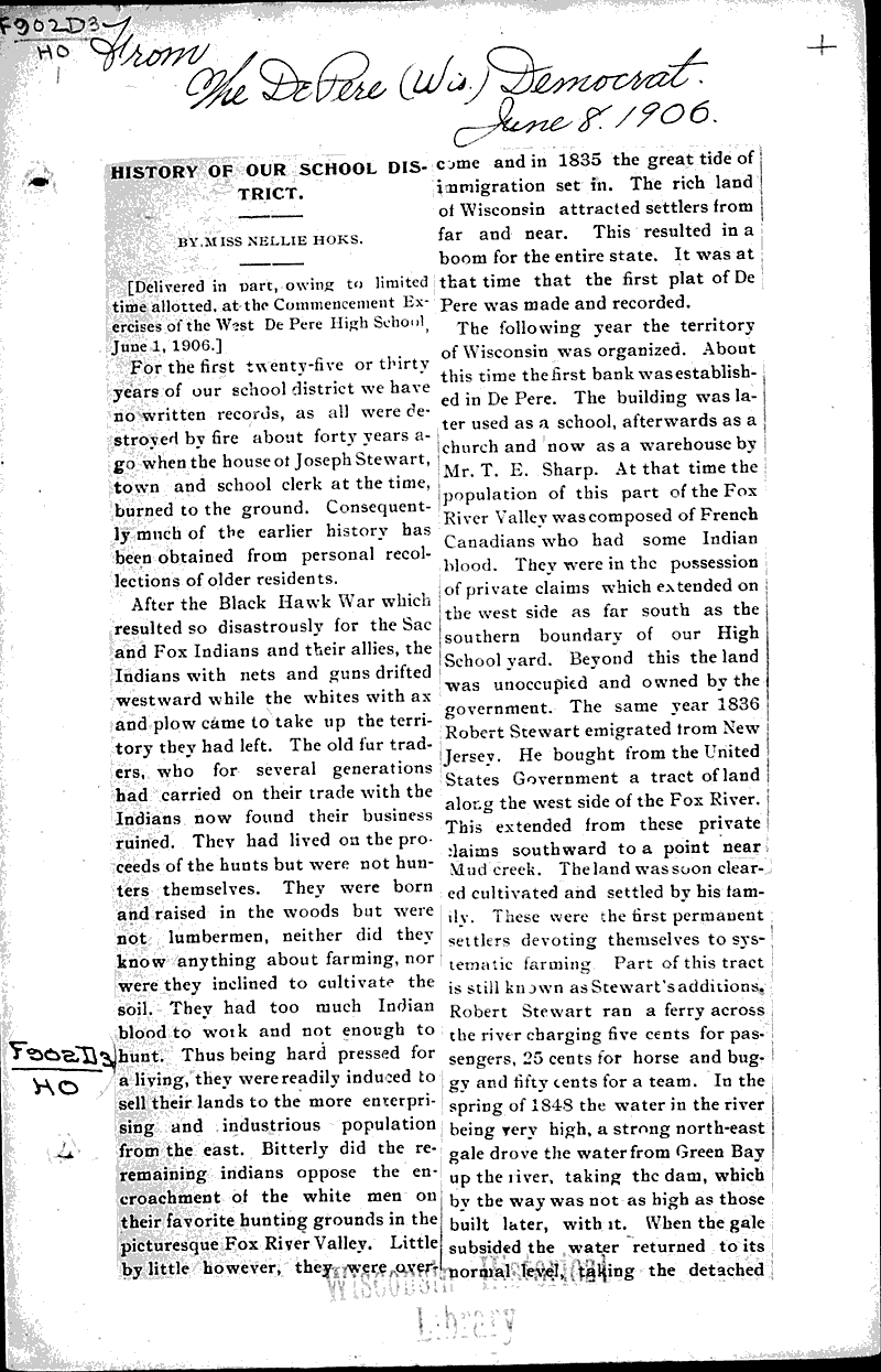  Source: De Pere Democrat Topics: Education Date: 1906-06-08