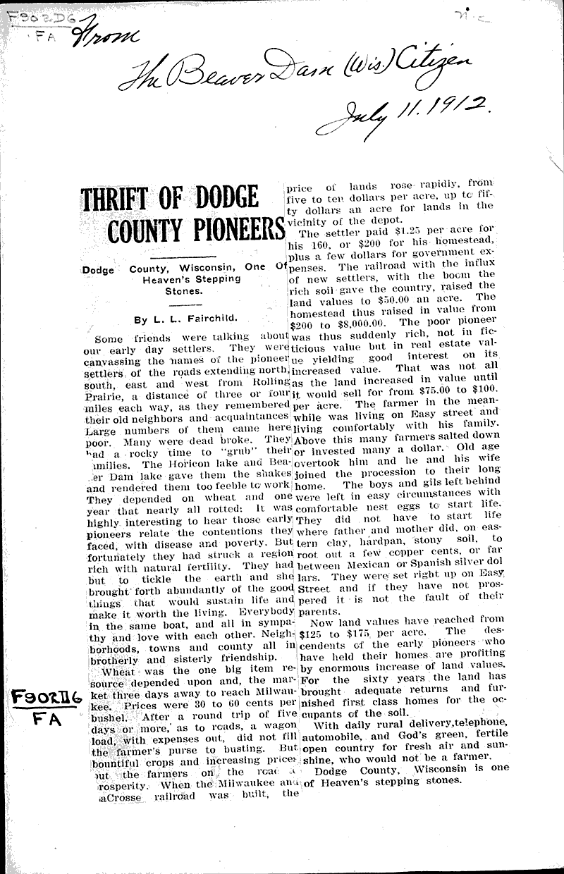 Thrift of Dodge County pioneers Source: Beaver Dam Daily Citizen Topics: Immigrants Date: 1912-07-11