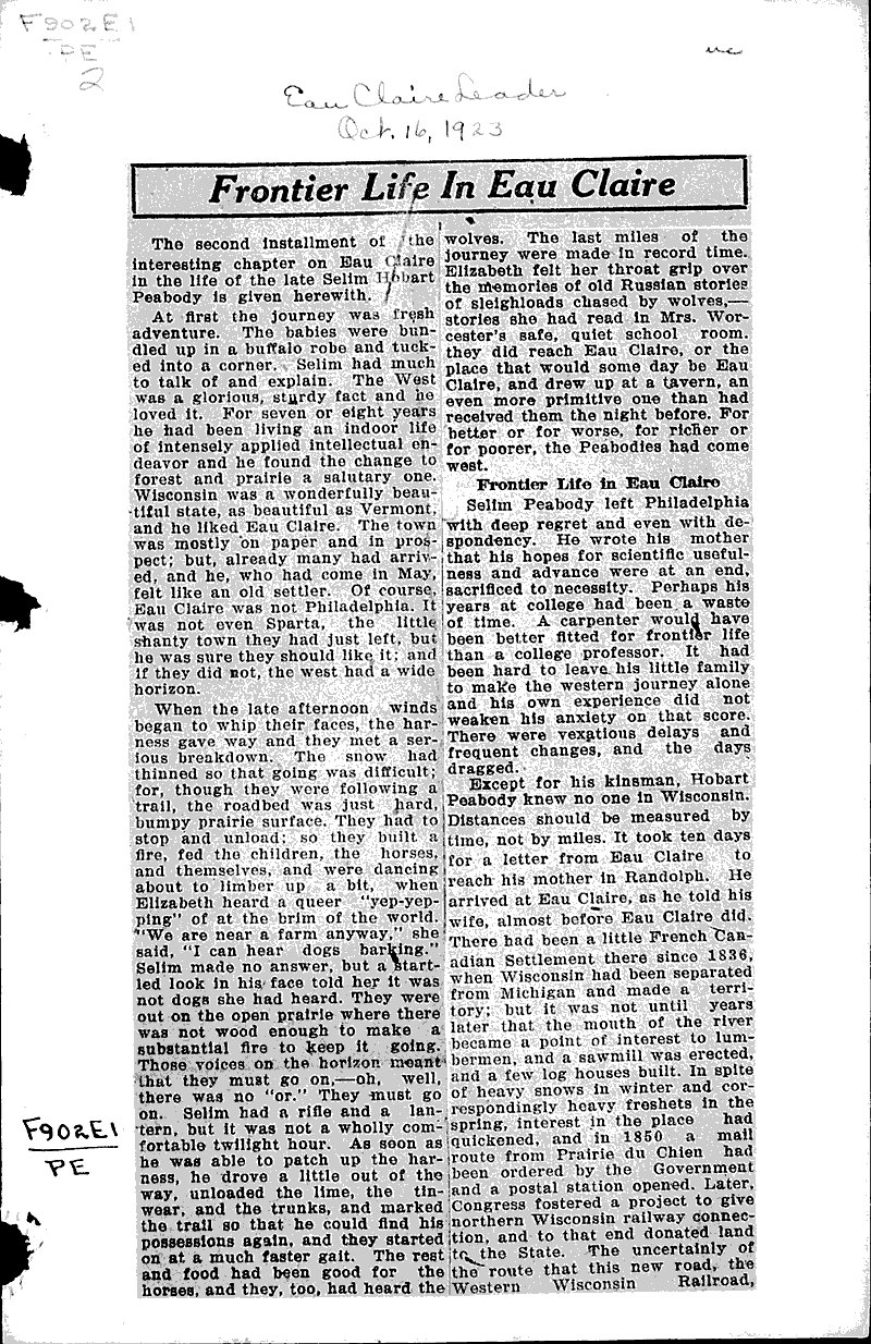 Frontier life in eau claire Source: Eau Claire Leader Date: 1923-10-16