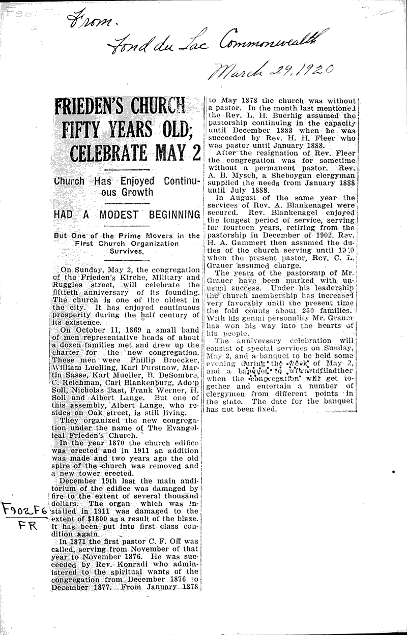  Source: Fond du Lac Commonwealth Topics: Church History Date: 1920-04-29