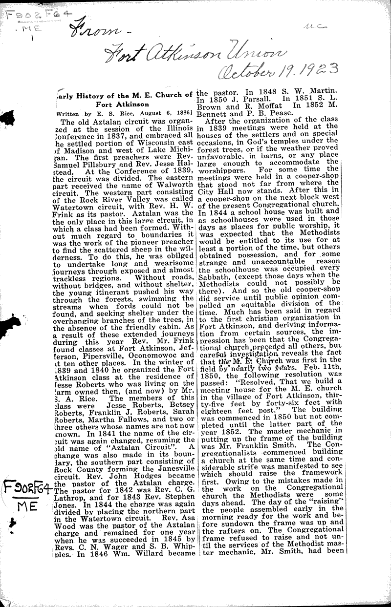 Early history of m. e. church of fort atkinson Source: Fort Atkinson Union Topics: Church History Date: 1923-10-19