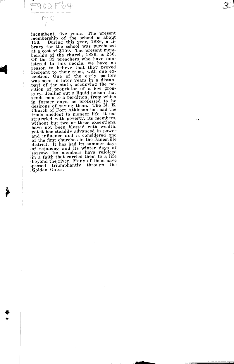 Early history of m. e. church of fort atkinson Source: Fort Atkinson Union Topics: Church History Date: 1923-10-19