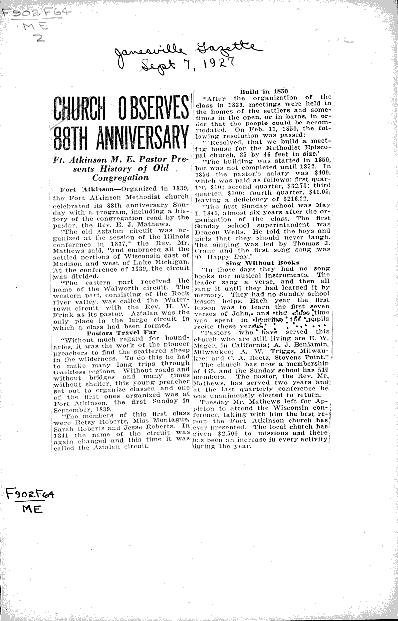 Church observes 88th anniversary Source: Janesville Gazette Topics: Church History Date: 1927-09-07