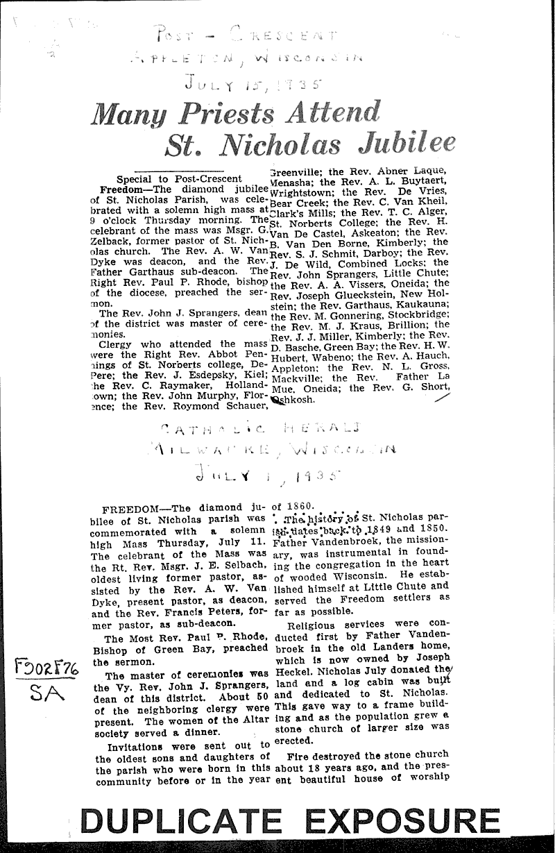  Source: Appleton Post-Crescent Topics: Church History Date: 1935-07-15