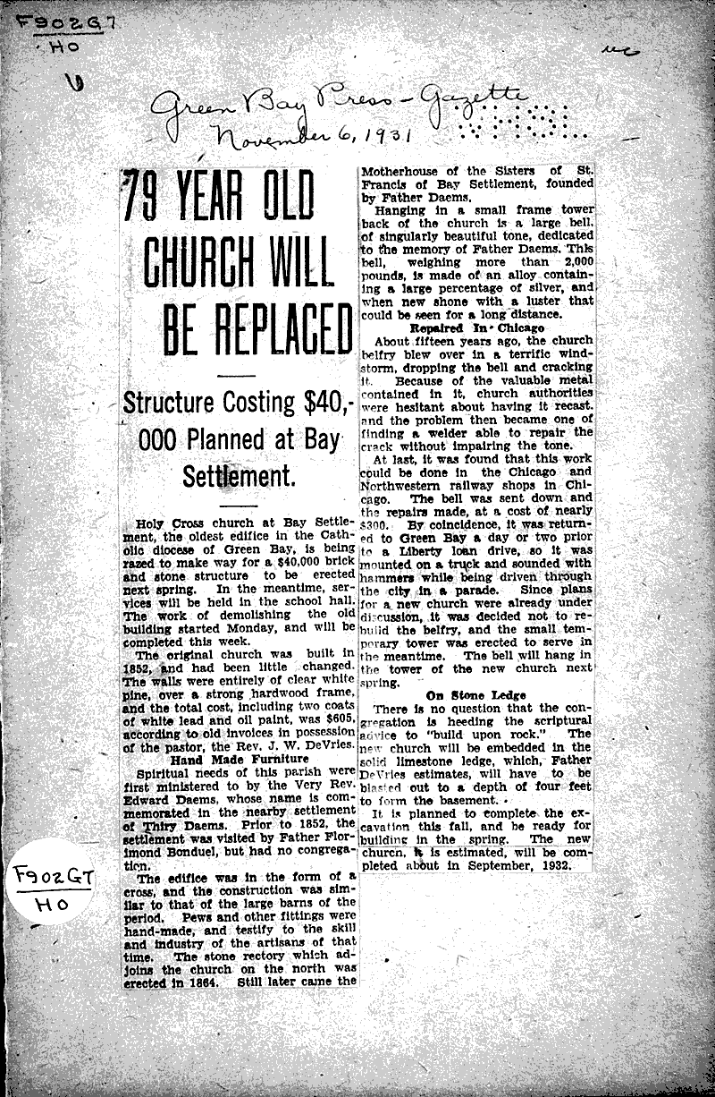  Source: Green Bay Press Gazette Topics: Church History Date: 1931-11-06